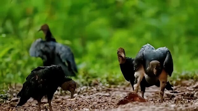 Black Vultures Foraging on Forest Floor in Natural Habitat