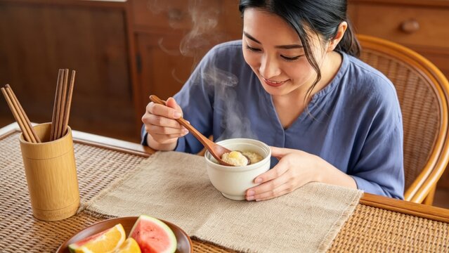 Young asian woman enjoying hot traditional soup meal with chopsticks and fruit at home dining table healthy lifestyle concept cozy interior morning breakfast or lunch authentic