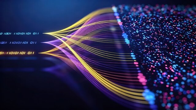 Abstract Digital Data Flow Binary Code Stream Futuristic Network Connection Cybersecurity Concept Big Data Visualization Information Technology Background Glowing Lines Neon