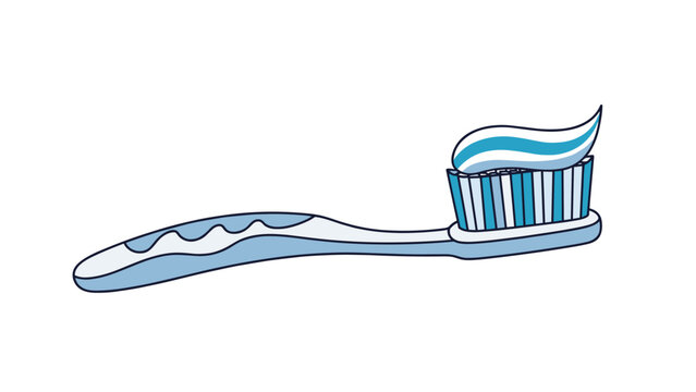 Blue toothbrush with a swirl of striped toothpaste is ready for oral hygiene routine in a cute cartoon drawing.