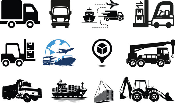 Transportation Icons Grid. Solid, filled icon set of transportation vehicles: car, bus, bicycle, airplane, train, motorcycle, truck, scooter. Solid, filled.Delivery Truck icon set. Express delivery .