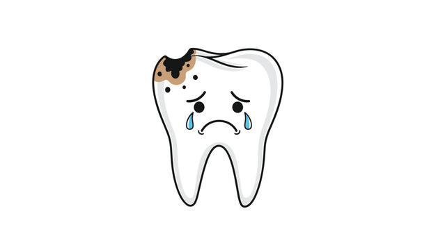 Crying tooth character with a large dark cavity illustrates the pain of tooth decay in a cute cartoon style.