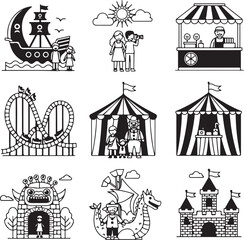 Amusement park pictogram icons set. Amusement parks for children and family. Roller coaster and adrenaline rides. Fun and entertainment outdoors. © MstHazara