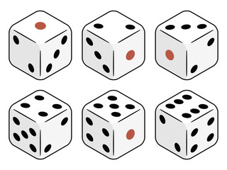 1から6の目が揃った6個セットのサイコロイラスト素材