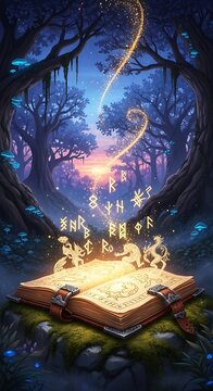 An ancient glowing book lies open on mossy rocks in a mystical forest