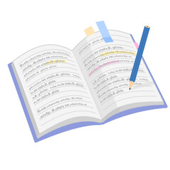 Obraz premium 斜めから見た、シンプルな開いた付箋つきノートと鉛筆のイラスト カラー 線なし