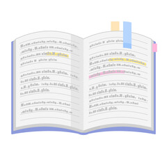 Obraz premium 正面から見た、シンプルな開いた付箋つきノートのイラスト カラー 線なし