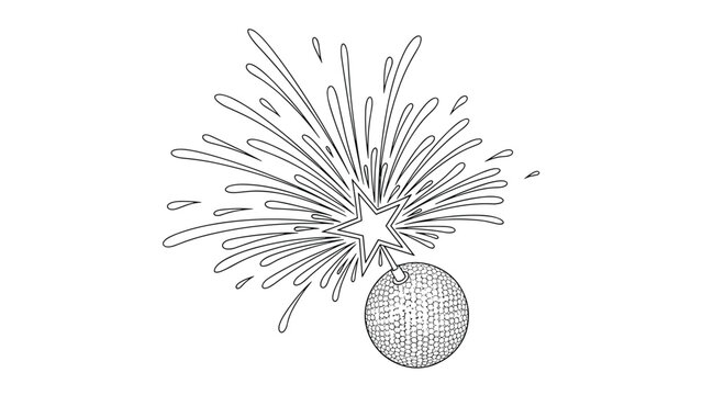 Line art drawing of a disco ball or a bomb with a star-shaped fuse sparking and exploding with decorative light rays.