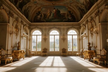 Fototapeta premium Grand ornate ballroom with arched windows, golden furniture, and ceiling fresco
