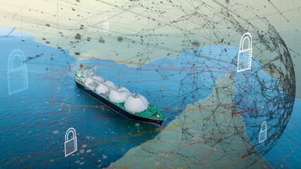 Plakat LNG tanker ship with digital security lock network. Concept of global energy security, natural gas logistics protection, and maritime Blocking the Strait of Hormuz
