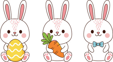 Fototapeta premium Cute Easter bunny characters holding egg and carrot with bow tie, adorable rabbit cartoon mascots for spring holiday greeting cards vector set
