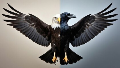 Fototapeta premium A detailed image features a split view of a bald eagle and a raven. The eagle showcases its white head while the raven displays its glossy black feathers.