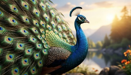Fototapeta premium A peacock stands proudly by a serene lake, showcasing its vibrant feathers. The peacock's colorful display contrasts beautifully with the natural scenery around it.