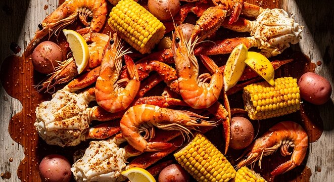 Shrimp boil platter with corn on cob potatoes lemons seasoned with cajun spices