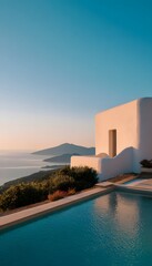 Obraz premium Luxury Mediterranean Villa Infinity Pool Golden Hour Serene Summer Getaway Coastal Dreamscape Travel Destination