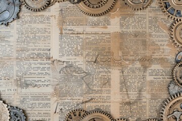 Naklejka premium Gears cogs ephemera border newspaper text backgrounds.