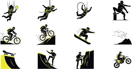 Collection of extreme sports icons dynamic vector illustrations for adventure and activity concepts perfect for web and app design © Naveed