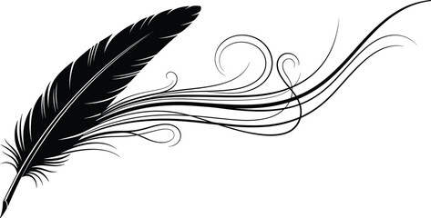Obraz premium Feather silhouette illustration, decorative swirl artwork design, elegant motion graphic, creative writing symbol drawing, artistic freedom artwork, tattoo inspiration design, black white