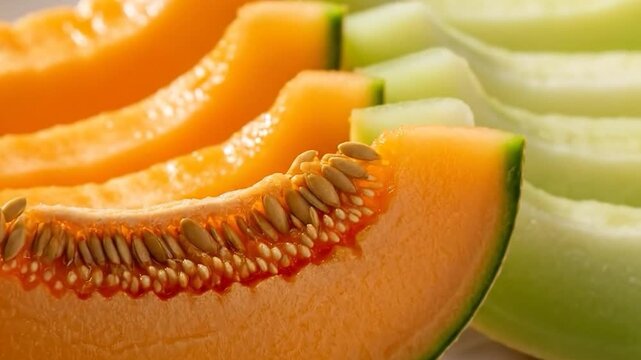 Close-up of Fresh Sliced Cantaloupe Melon with Seeds and Green Honeydew Melon, Healthy Fruit Snack