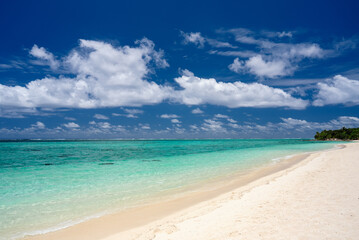 Fototapeta premium Tropical Beachscape on Mystery Island, Vanuatu – Pristine Shores and Azure Ocean Under Fluffy Clouds