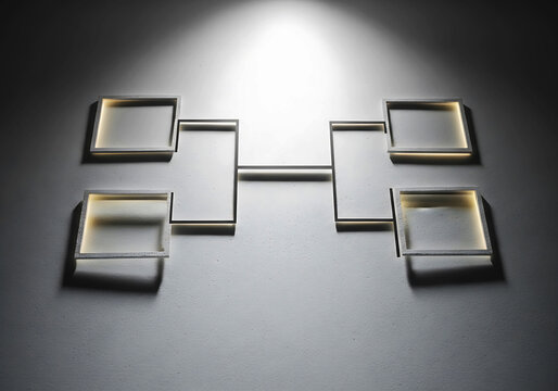 A clean, modern march madness bracket layout with clear boxes on a textured gray background, illuminated by a spotlight.