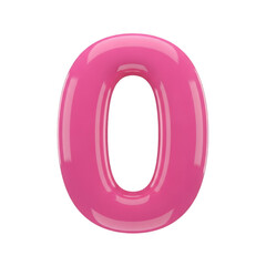 Pink shiny number zero digit numeral symbol icon glossy reflective inflatable balloon character for parties and celebrations decoration design element isolated on transparent background