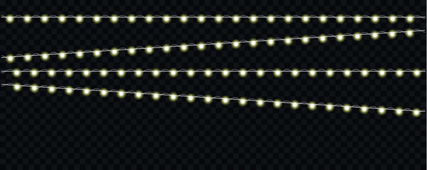 Illuminated string lights with glowing white and green bulbs cascade across a transparent dark background high-quality © Kamal Hosen