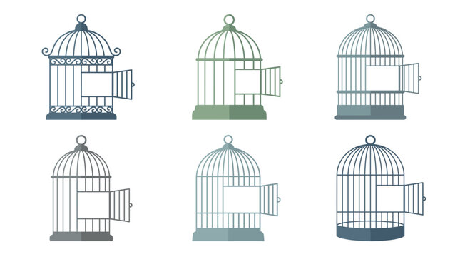 Vector illustration set of six simple flat design open bird cages in muted pastel colors. Collection of empty cages with open doors representing escape and wildlife freedom.