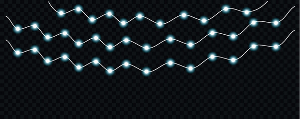 Illuminated string lights with glowing white and green bulbs cascade across a transparent dark background high-quality © Kamal Hosen