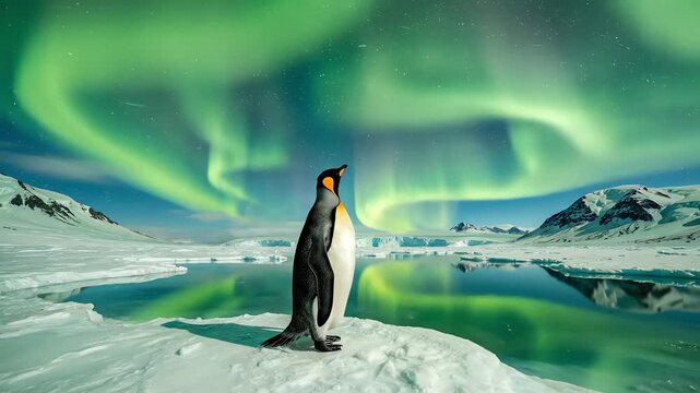 Penguins under Aurora Borealis in Antarctica night landscape.