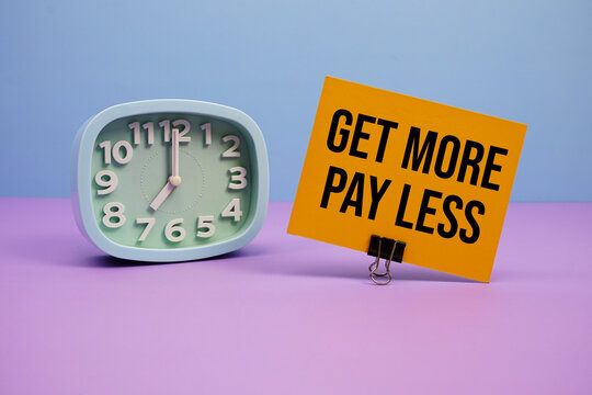 Get More Pay Less text and alarm clock on blue and purple background