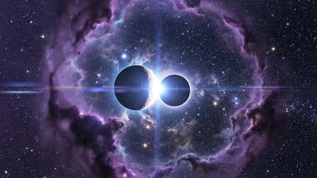 Two celestial bodies align in a cosmic eclipse with bright light and a colorful