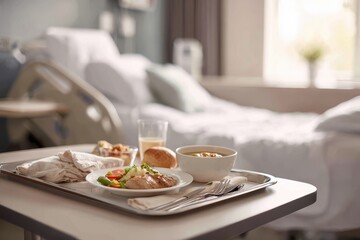 Nourishing hospital meal presentation on a bedside table in a quiet clinical environment