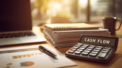 Office desk scene featuring a calculator display showing cash flow for financial analysis