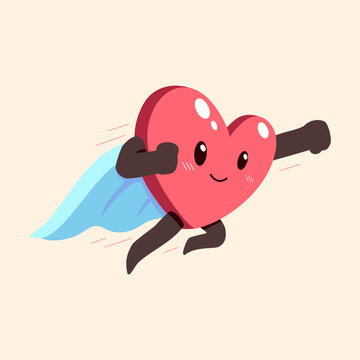 Cartoon healthy heart character with superhero cape