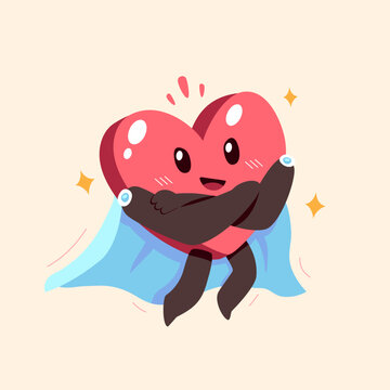 Vector cartoon healthy heart character with superhero cape