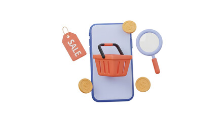 Mobile E-commerce Concept: Smartphone, Shopping Basket, Sale Tag, Coins, and Magnifying Glass. Online Shopping 3D Illustration.