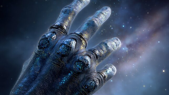 Otherworldly hand sculpture: glowing alien limb against a dark space backdrop