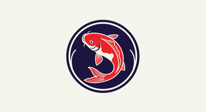 A vibrant red fish emblem enclosed within a circular border, surrounded by stylized waves