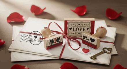 Romantic letters and envelopes tied with ribbon, adorned with heart stamps and keys, surrounded by red rose petals on a wooden surface © john