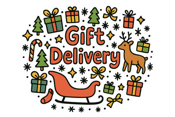 Festive Gift Delivery. Gift Delivery. Hand-drawn doodle illustration of Gift Delivery. Gifts, sleigh, ribbons,