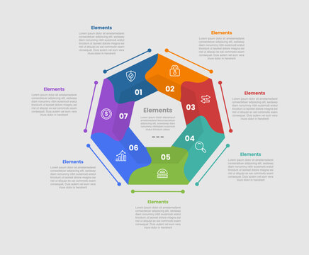 7 elements infographic comparison diagram with heptagon shape with strict shape and circular cycle with dot line style 7 step for slide presentation