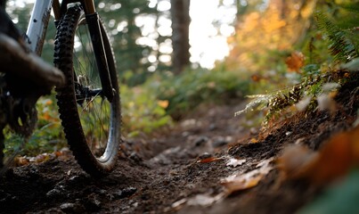 Fototapeta premium A mountain bike rider's rear wheel hurtles down a natural, root-tangled trail.