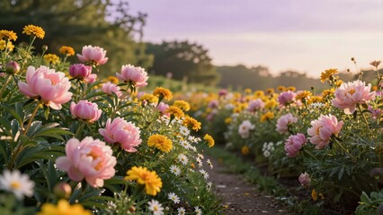 Obraz premium Rows of blooming flowers in pink, yellow, and white create a natural path through a lush garden. Soft focus on the background enhances the vibrant floral display.
