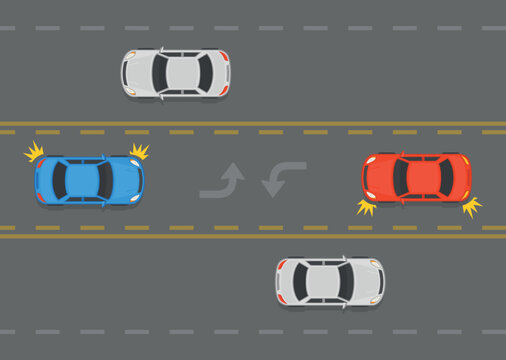 Traffic regulation rules and tips. Two way left turn lane. Top view of cars using center lane to make a left turn. Flat vector illustration template.