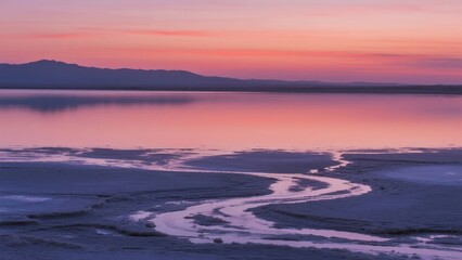 Obraz premium Sunset over a calm lake with reflective water and winding shoreline patterns