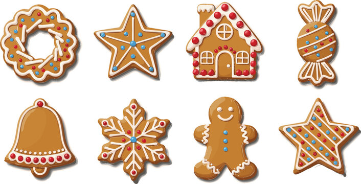 Set of Christmas Gingerbread Cookies Including Star, Snowflake, Bell, Candy, and Holiday House for Festive Dessert and Winter Holiday Design