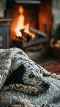 Spotted dog relaxing by cozy fireplace under warm blanket