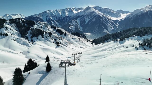 Aerial view of mountain valley with snow