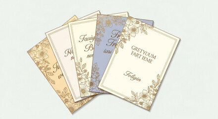 Fototapeta premium Vintage greeting cards with floral designs and elegant text on white background